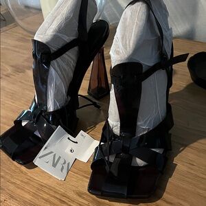 Zara Shiny Black Strappy Heels